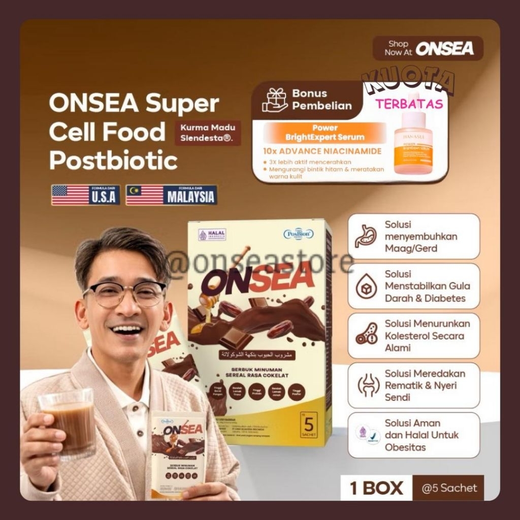

ONSEA SUPER CELL FOOD (POSTBIOTIC SLENDESTA KURMA MADU) 1 BOX | Formulasi dari USA & Malaysia – Pengganti Makan Sehat dengan Multigrain, Protein & Vitamin Lengkap