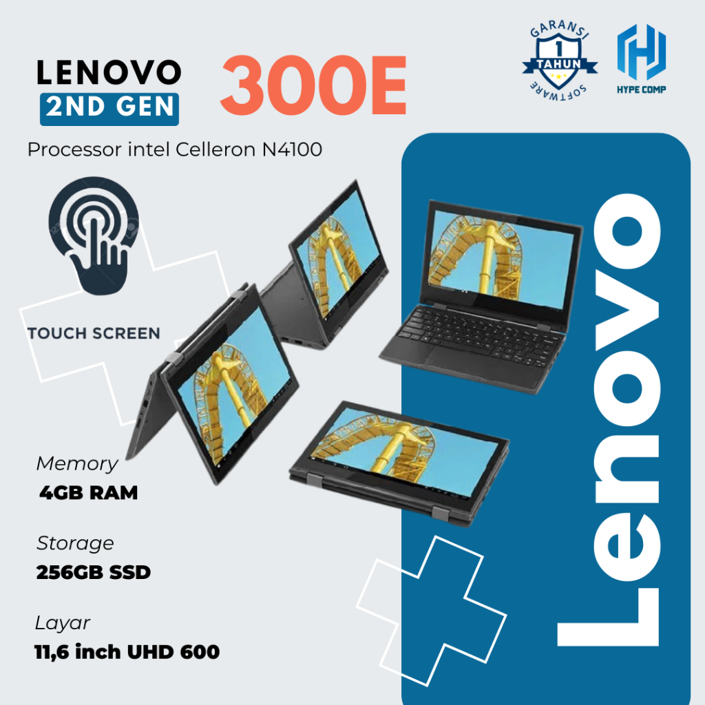 Laptop Lenovo Touchscreen 2-in-1 Intel Celleron N4100 2nd Gen RAM 4GB SSD 128GB/256GB/512GB/1TB Mura
