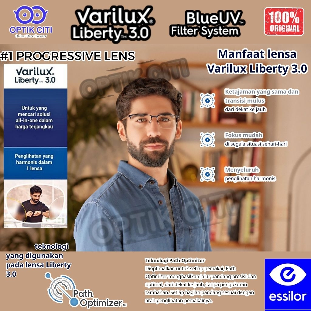 Lensa Kacamata Progresif Blueray Crizal Essilor Varilux Liberty 3.0 Blue Uv Capture Original