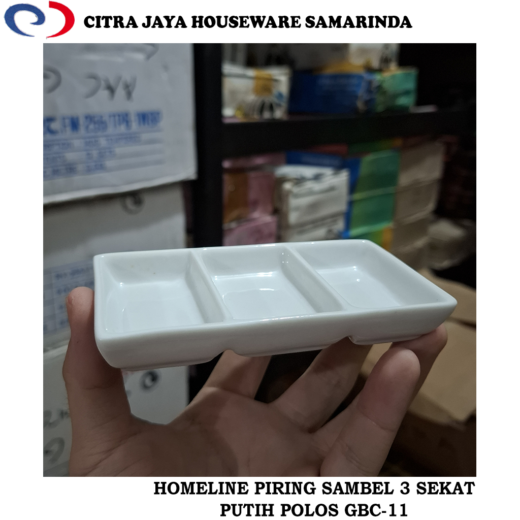 Piring Sambel 3 Sekat (6 PCS / 1 LUSIN) Putih Polos Keramik HOMELINE GBC-11