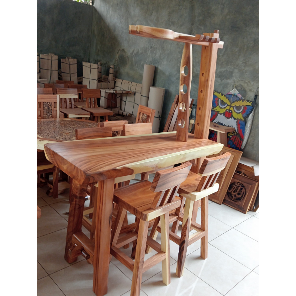 Set meja mini bar kayu trembesi solid tanpa sambungan knockdown