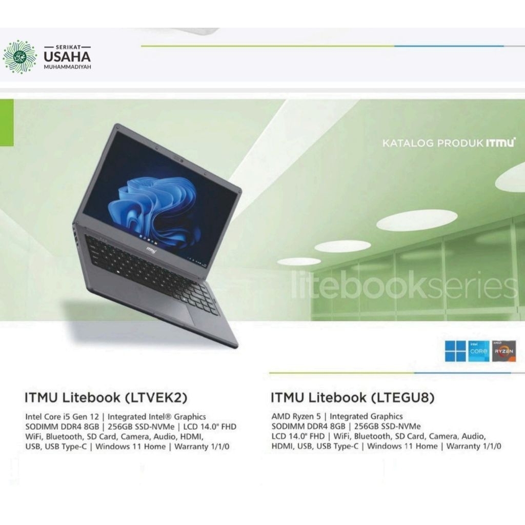 Laptop Muhammadiyah ITMU I Core i5 Gen 12, AMD Ryzen 5 I DDR4 8GB I 14.0 FHD I 256GB SSD I SD Card I