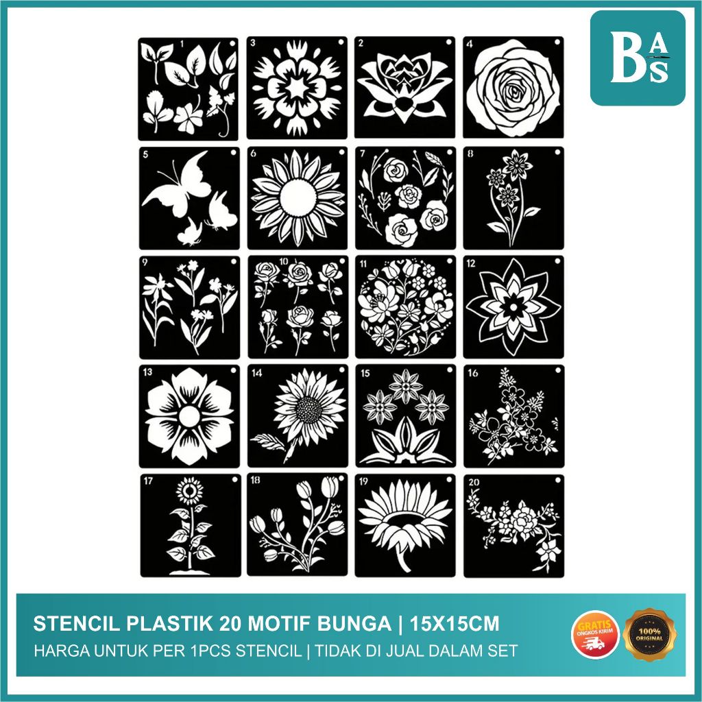 

Plastik Stensil Motif Flower Dekoratif 15x15cm - Motif Cetakan Bunga - Harga untuk 1pcs Stensil - Bali Art Supplies