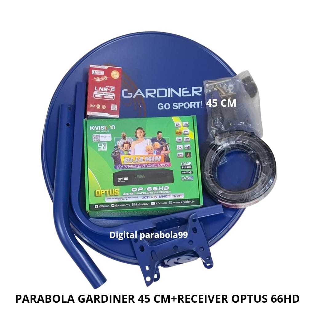 Paket Parabola Mini 45 cm Gardiner Biru Full Set Receiver Kvision Optus 66hd