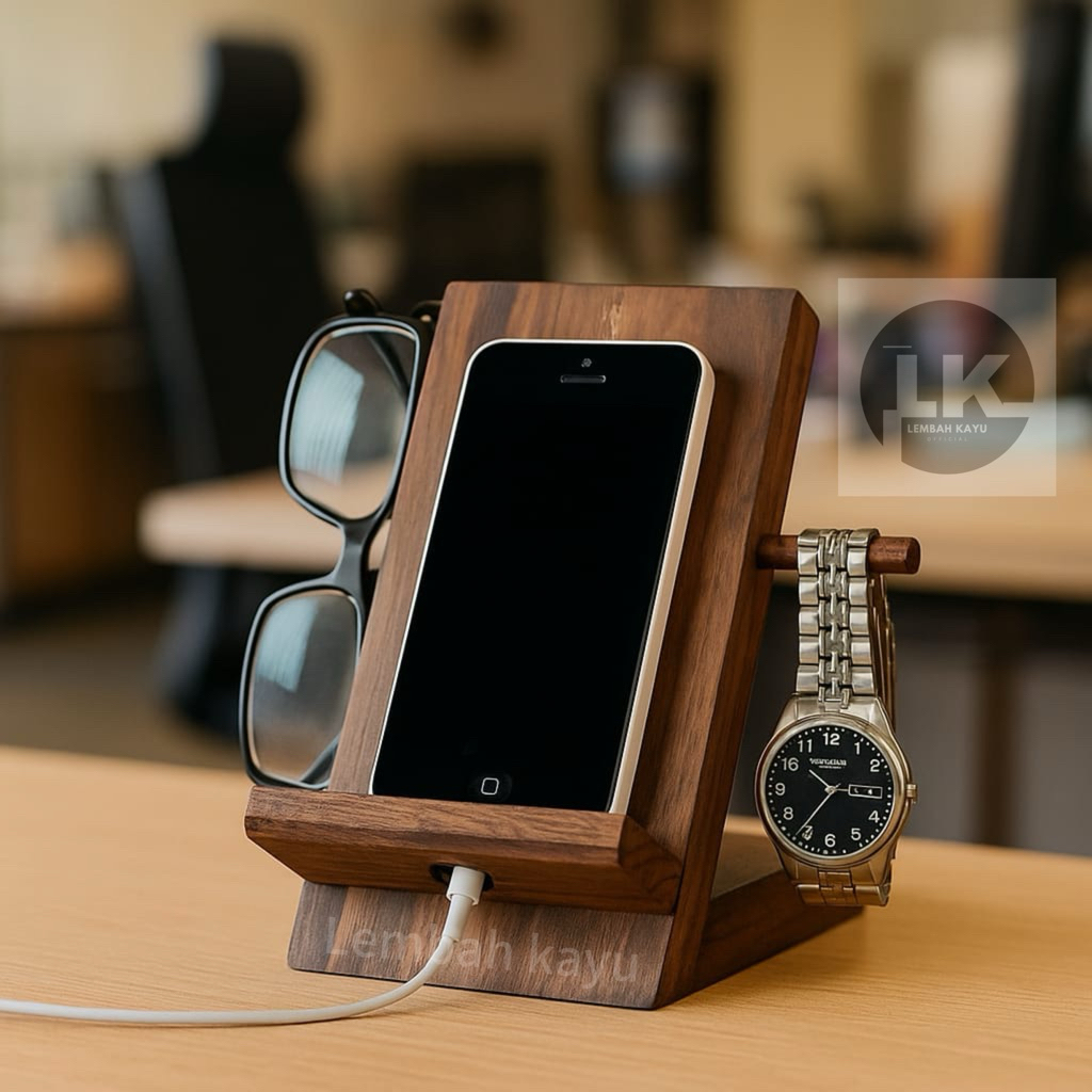 stand hp tempat hp charger hp unik kayu mahoni