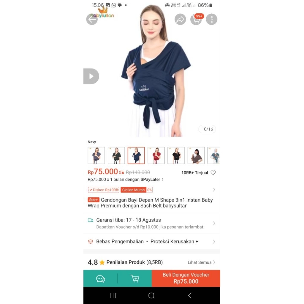 Gendongan bayi depan m shape navy baby sultan