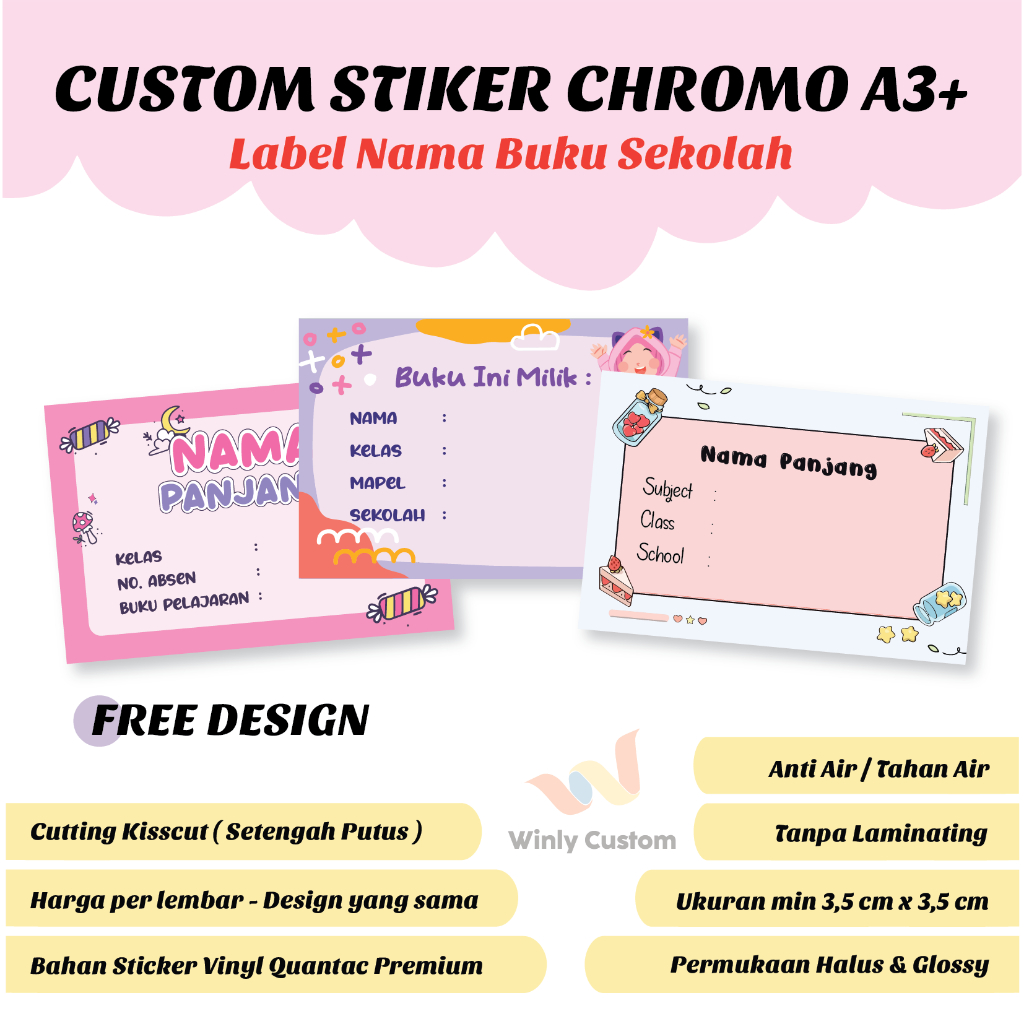 

Cetak Stiker Custom Nama Buku Sekolah Logo Label Makanan Custom Chromo A3+ | Print Sticker Jualan Makanan