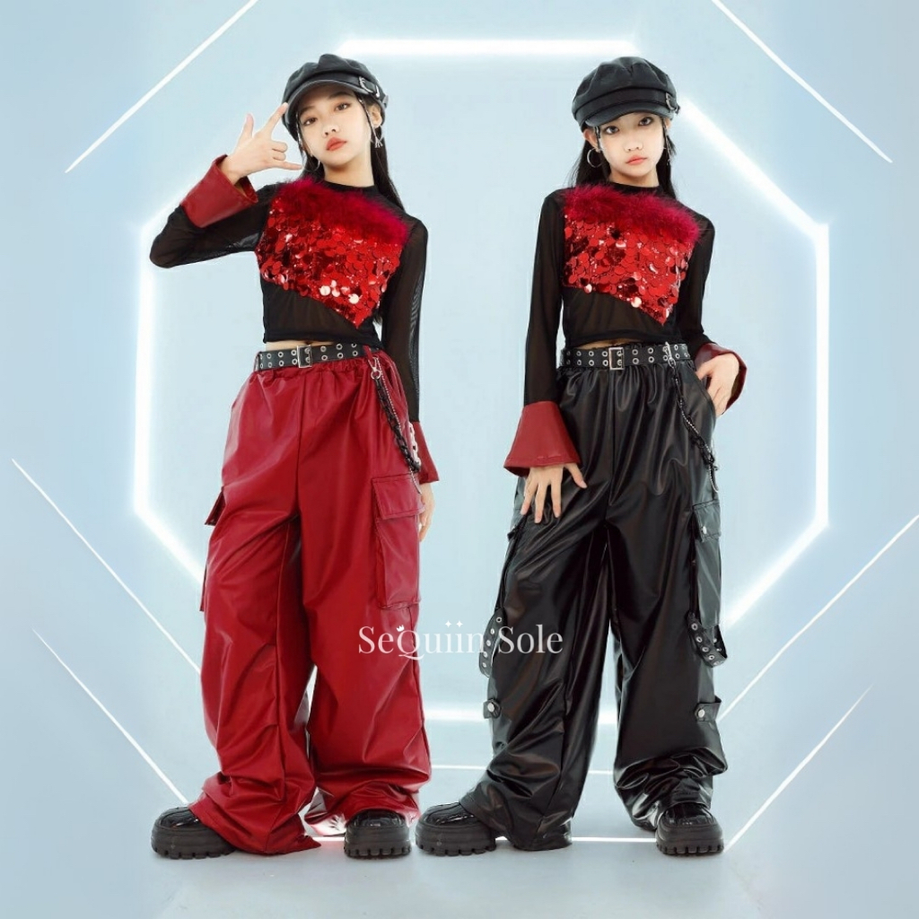 Sequiin Sole Red/Black Sequin Set Kids Dance Costume/Set Baju Dance Anak Hip Hop/Kpop