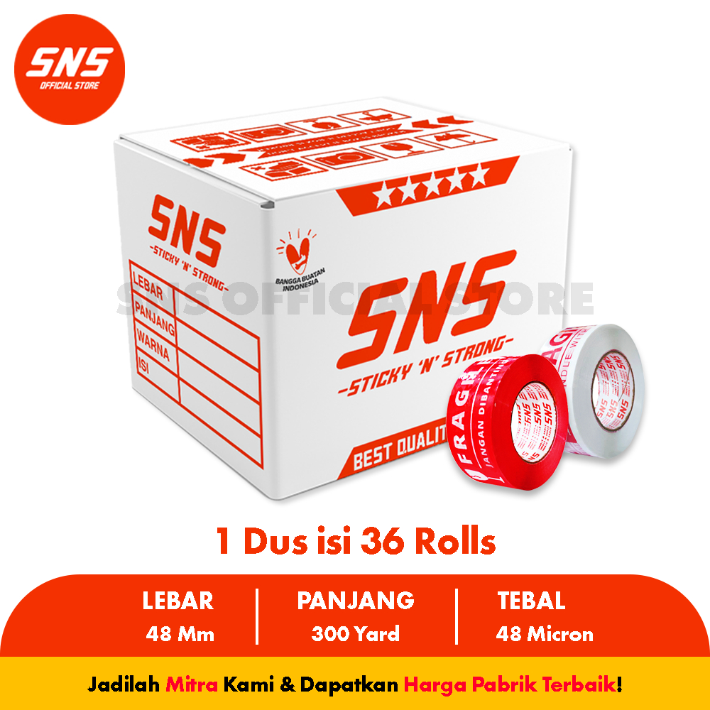 

(1 DUS / KARTON ) Lakban Fragile Merah / Putih 300 Yard x 48 mm - SNS Official Store (KARGO)