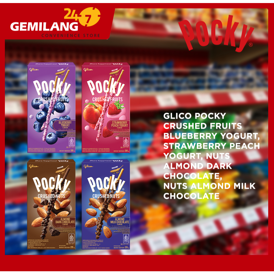 

GLICO POCKY CRUSHED FRUITS BLUEBERRY YOGURT, FRUITS STRAWBERRY PEACH YOGURT, NUTS ALMOND DARK CHOCOLATE, NUTS ALMOND MILK CHOCOLATE