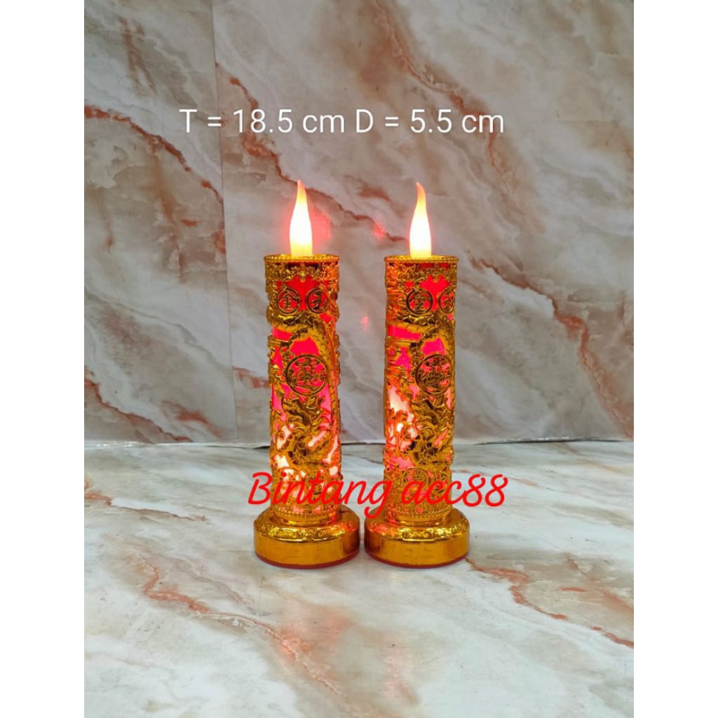 lampu altar / lampu sembahyang - naga emas - lilin - merah - T. 18.5cm - kaki bulat - besar - batera