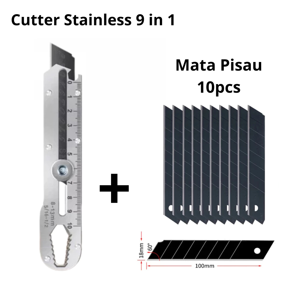 

Cutter Stainless 9in1 Pisau Penggaris Kunci Pas Penggaris Kater Tajam Multifungsi Plus Mata Pisau