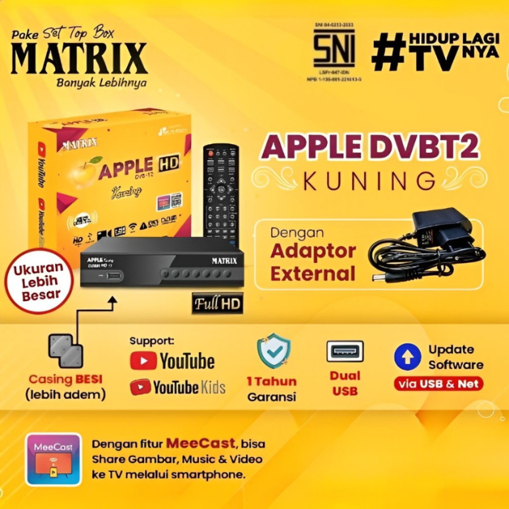 Set Top Box MATRIX Apple Kuning DVBT2 HD STB TV Digital Matrix Kuning Set Top Box TV Digital Matrix