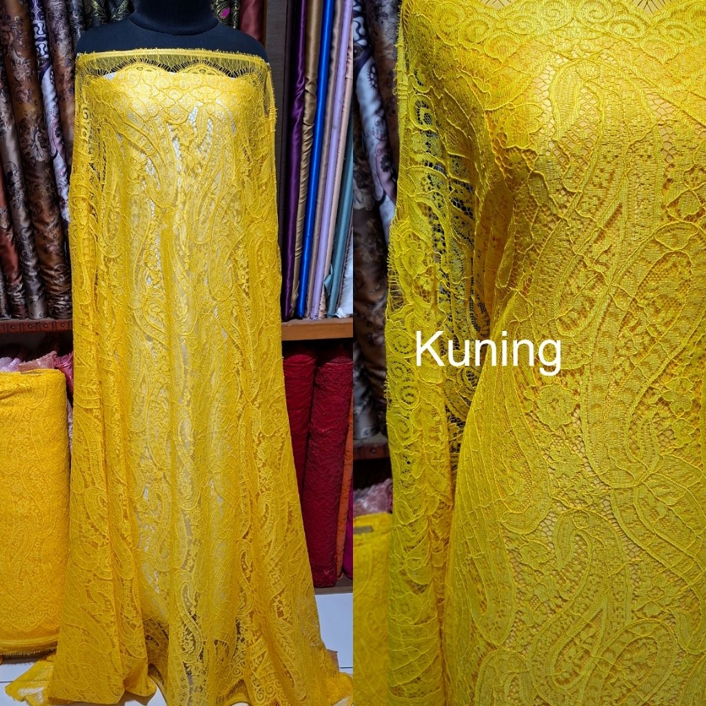 Bakal Kain Kebaya Semi Prancis Fatmawati Corneli Katun Halus Warna Kuning, Bahan Kain Brukat Brokat 