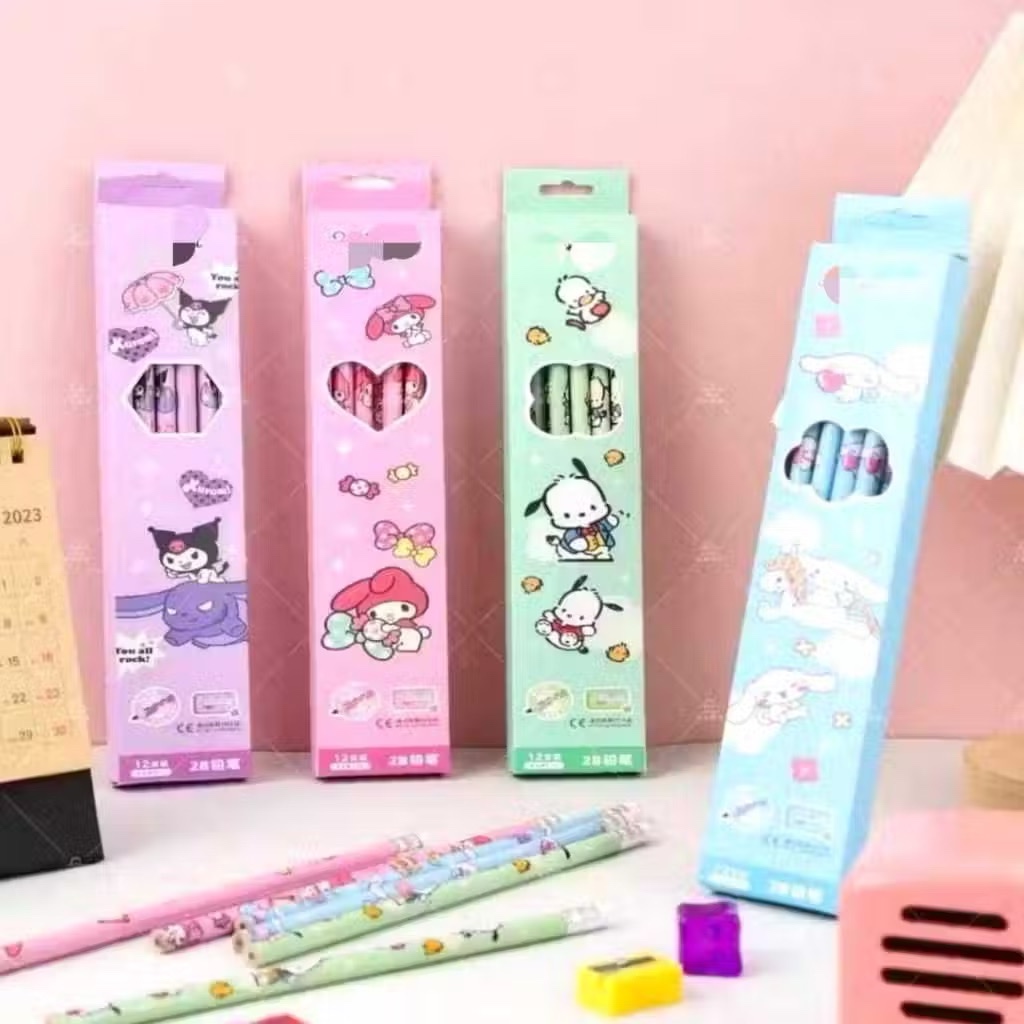 

Alat Tulis Pensil Penghapus 2B Gambar isi 12 Pcs Free Rautan Lucu Karakter boneka kartun Box isi