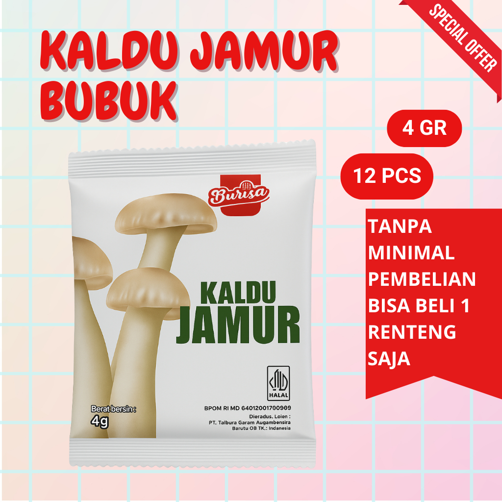 

Kaldu Jamur Bu Risa 4gr – 1 Renteng Isi 12 Sachet Penyedap Rasa Alami
