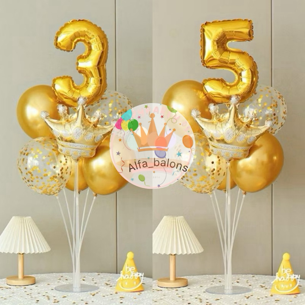 Paket Standing Balon Angka Ulang Tahun Isian Confetti Mahkota