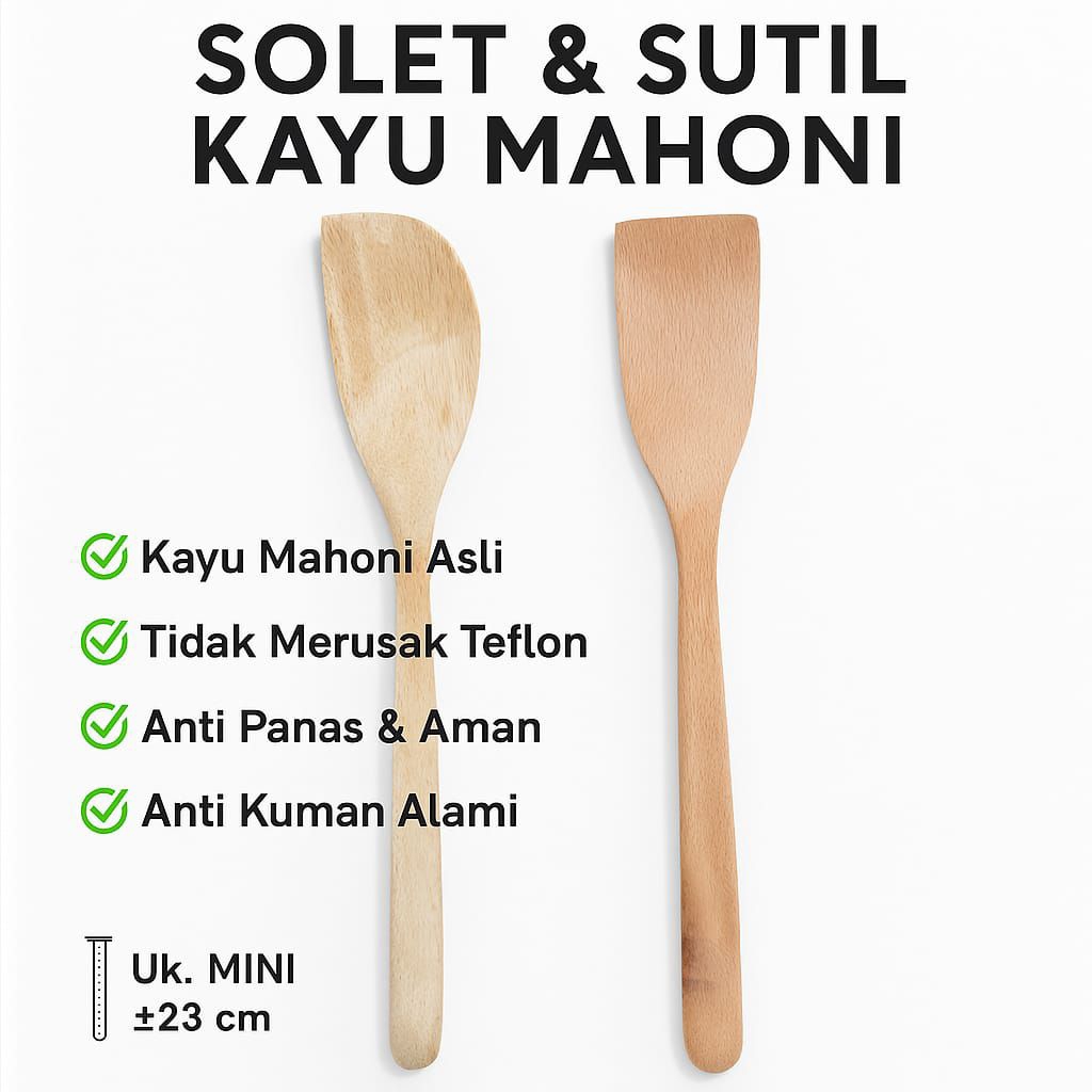 Sutil Kayu Mahoni Mini 23 cm / Solet Kayu Mahoni Mini 23 cm – Aman untuk Teflon, Anti Panas, Anti Ku