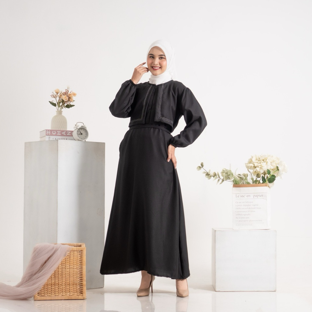 Rebecca Dress 2 in 1 - Ada Tali Pinggang Set Rompi Benang Timbul Bahan Shakila Premium by Bingah [BI