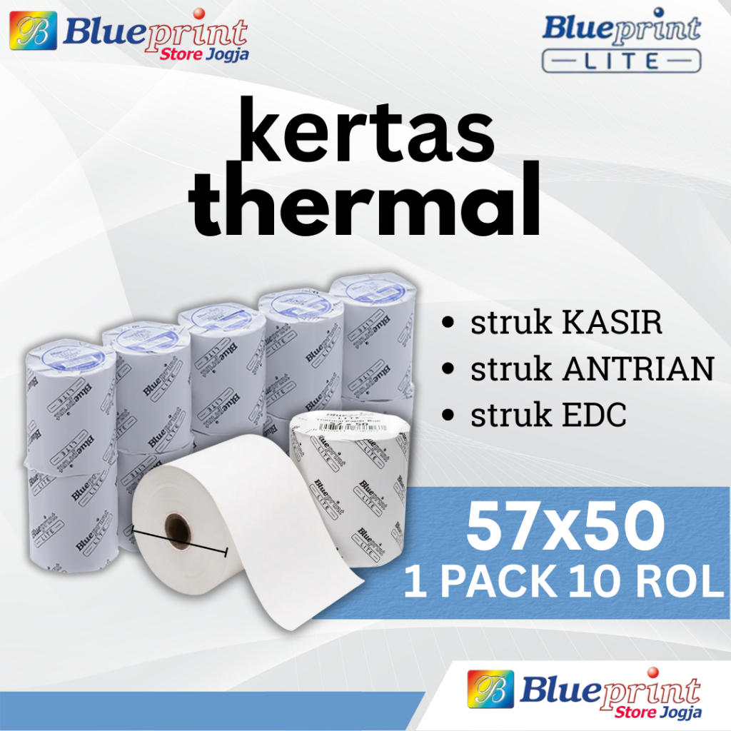 

10ROL 1PACK LITE 57x50 BLUEPRINT Kertas Thermal PPOB EDC Antrian Parkir Struk KASIR 58x50