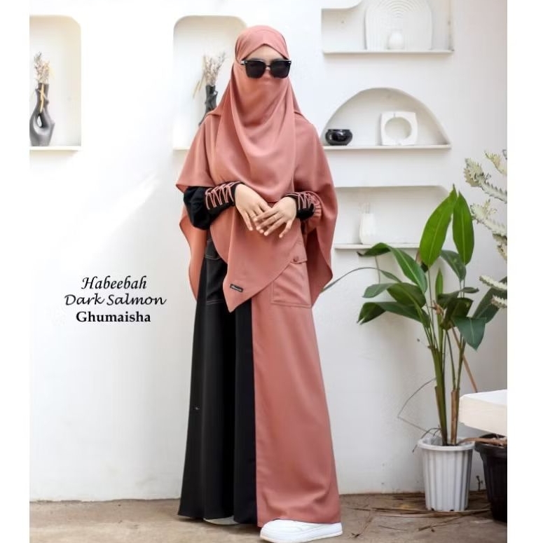 gamis syar'i abaya habeebah warna salmon by ghumaisha collection