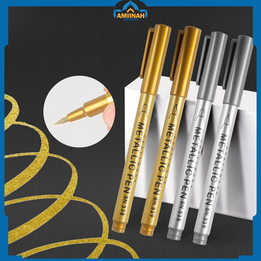 

Spidol Tinta Metalik Emas Perak Waterproof / Spidol Warna Metalik Gold Silver Metallic Craftwork Scrapbook Pen Marker Amiinah Stationery A118