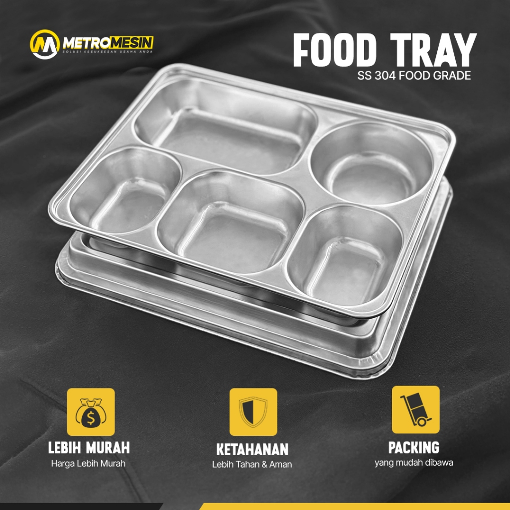 Food Tray Stainless Sekat 5 + Tutup Stainless 304 / Lunch Box Sekat 5 / Food Tray Stainless