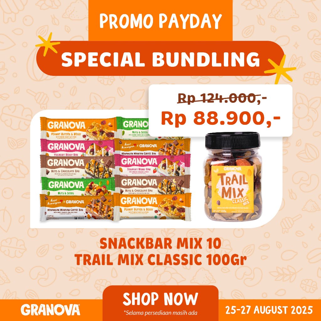 

Granova - Snackbar 26gr x 10 pcs mixed (Rasa Original, Peanut Butter & Berry, Nuts & Chocolate,