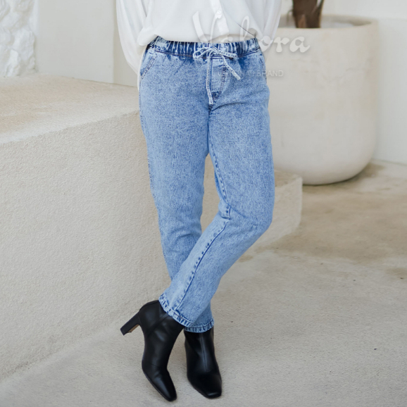 VALORA - Celana Panjang Boyfriend Jeans Wanita BF Pinggang Karet Snow Blue Elodie