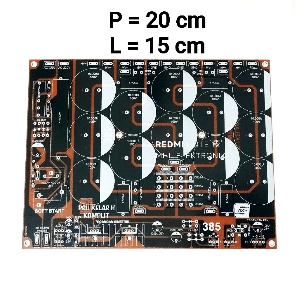 PCB PSU 12 Elco Class H Komplit (Sofstart, Kipas, Tegangan Simetris 78xx 79xx) Tipe 385