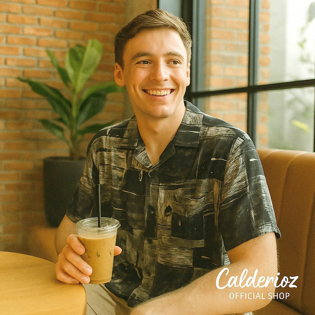 Calderioz - Kemeja Santai Hat Abstract Lengan Pendek Pria Wanita Outfit Nongkrong Summer Unisex