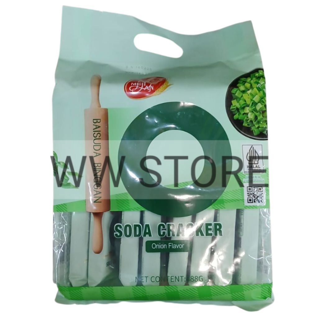 

Biskuit krekers krakers soda rasa bawang bombai halal MUI MeiDan Mei Dan Soda Cracker Onion Flavour Flavor crackers 388g ( 16pcs x 24g )