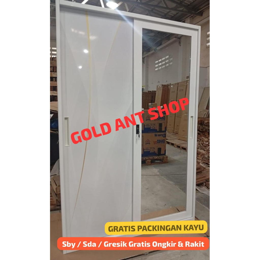 Lemari Pakaian Sliding Besi Jumbo 2 Pintu Kaca / Lemari Baju Pakaian sliding Besi Lebar 120 Jumbo Ka