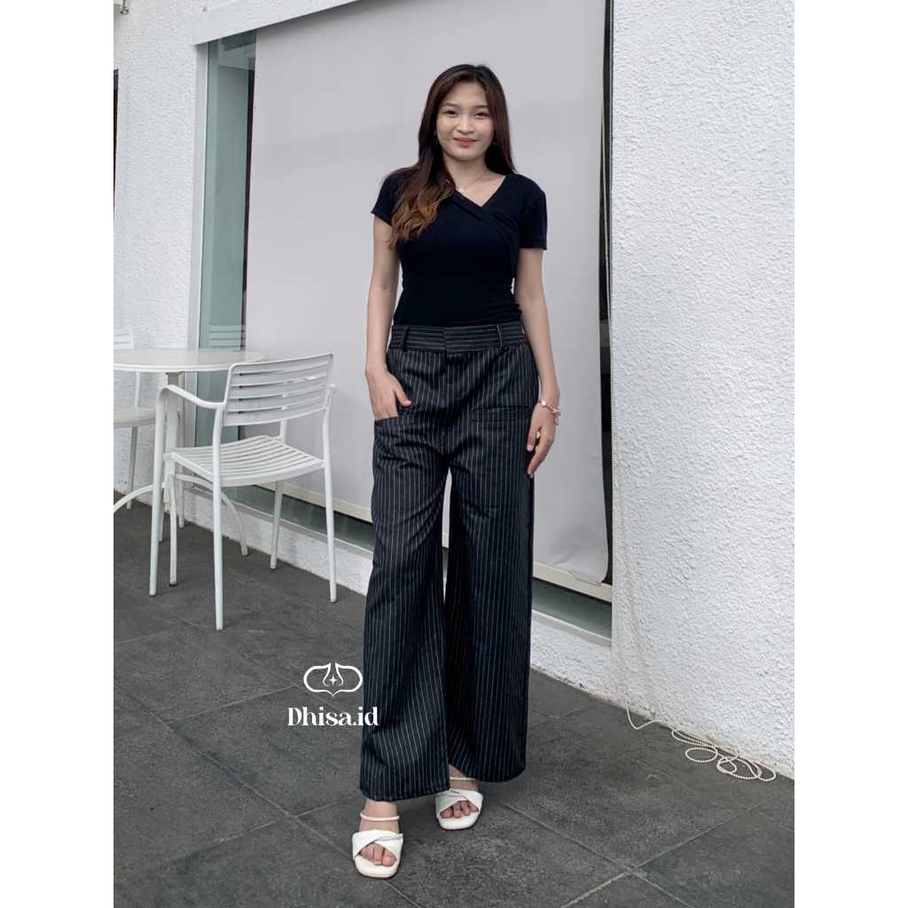 Celana Wanita Salur Anti Kusut Kekinian-Celana Panjang Korean Style-Oro Loose Pants WARNA HITAM