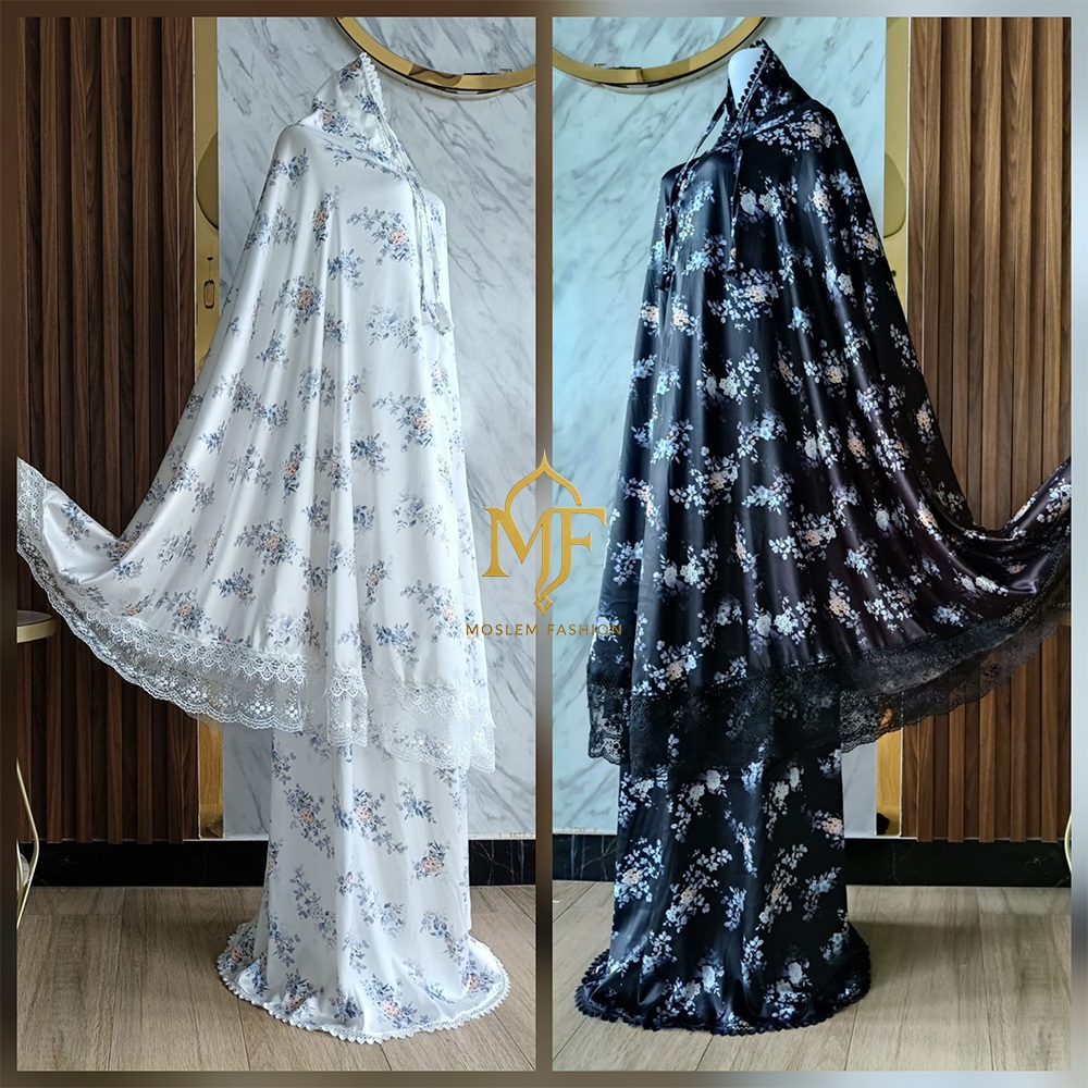 MUKENA DEWASA 2IN1 ARMANI SILK MOTIF BUNGA HITAM DAN BW FREE TAS