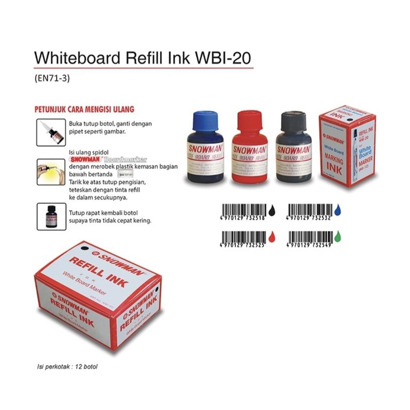 

Refill Spidol Whiteboard / Tinta Isi Ulang Spidol Papan Tulis SNOWMAN BG-12