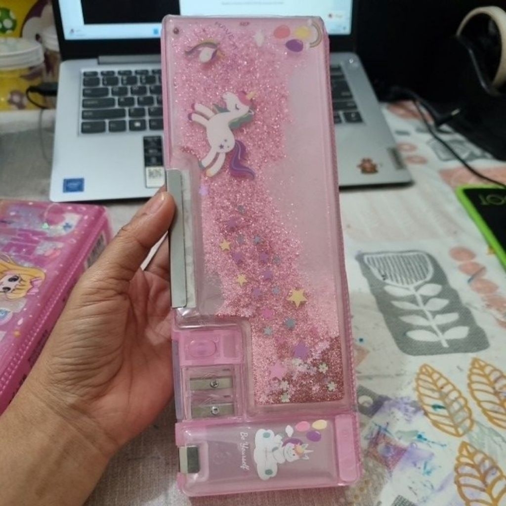 

kotak pensil pasir +kotak pensil gliter kapasitas besar 2 sisi multifungsi lengkap dengan rautan pesil