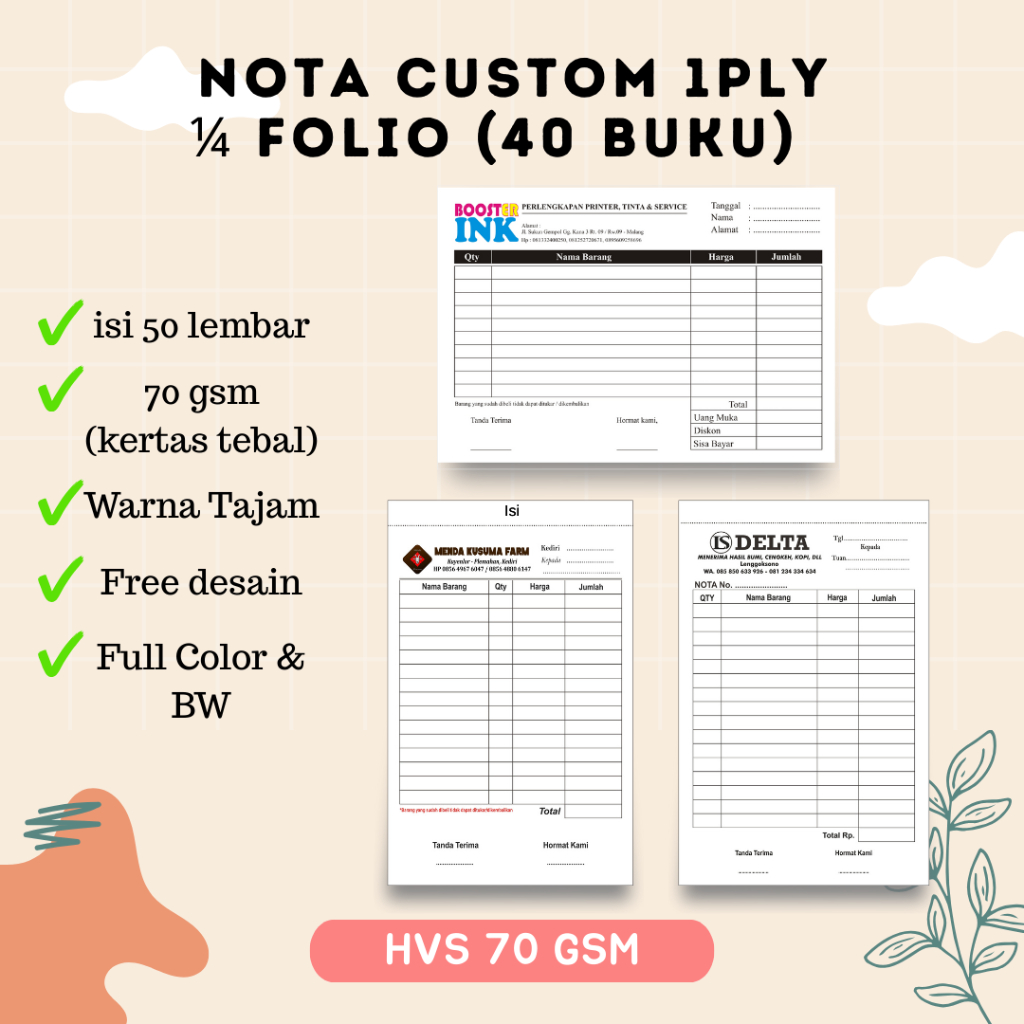 

(FREE DESAIN) NOTA CUSTOM 1 PLY 40 BUKU 1/4 FOLIO