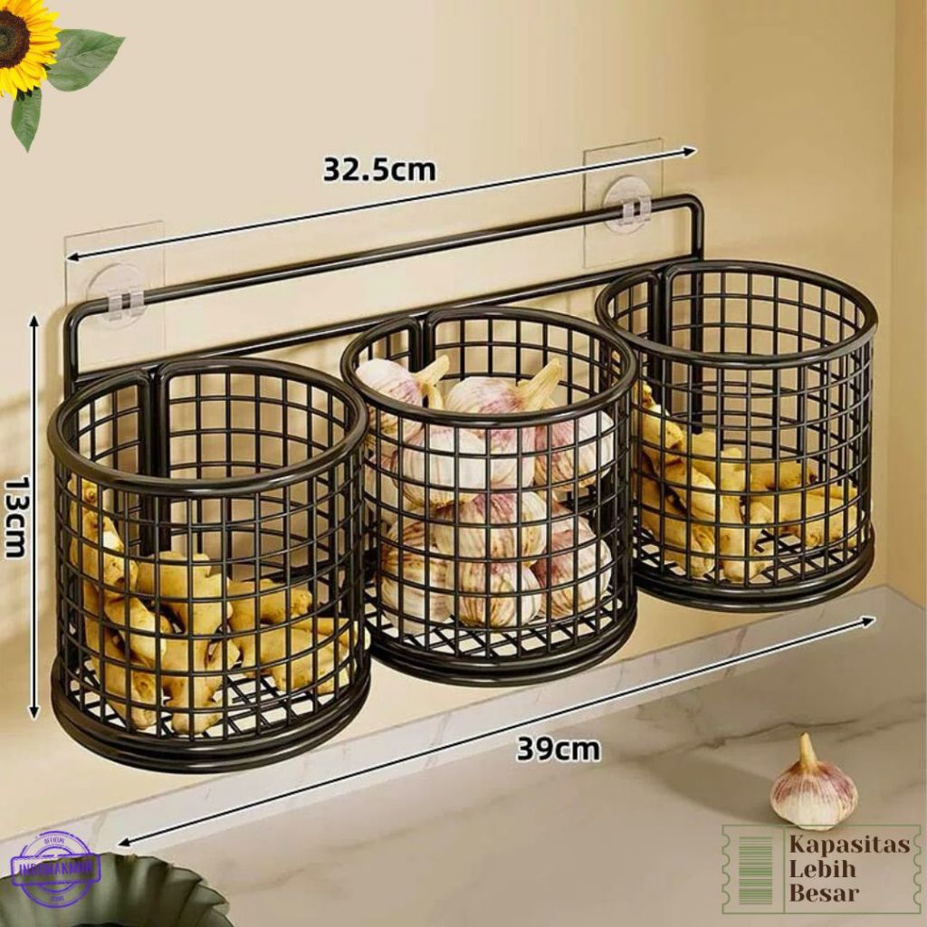 Rak Keranjang Besi Bulat Bumbu Dapur 3 Sekat Rak Dapur Keranjang Besi Bulat Penyimpanan Gratis 2 Pcs
