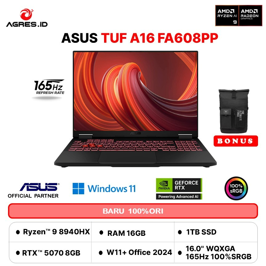 ASUS TUF A16 FA608PP RYZEN 9 8940HX RTX5070 8GB RAM 16GB 1TB W11+OHS 16.0 WQXGA 16HZ 100SRGB