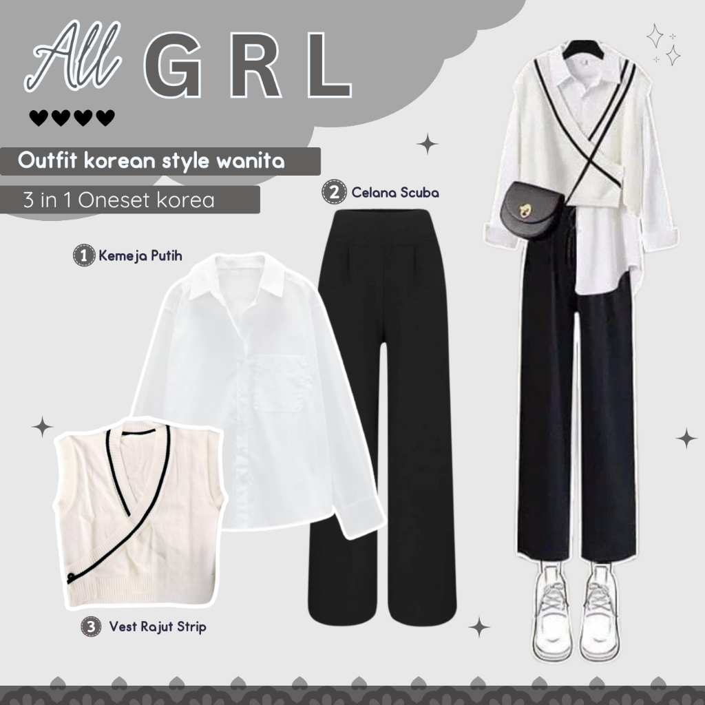 One set rompi (Vest Rajut, Kemeja, Celana) Outfit korean style | OOTD wanita 1 set ala korea - AS56