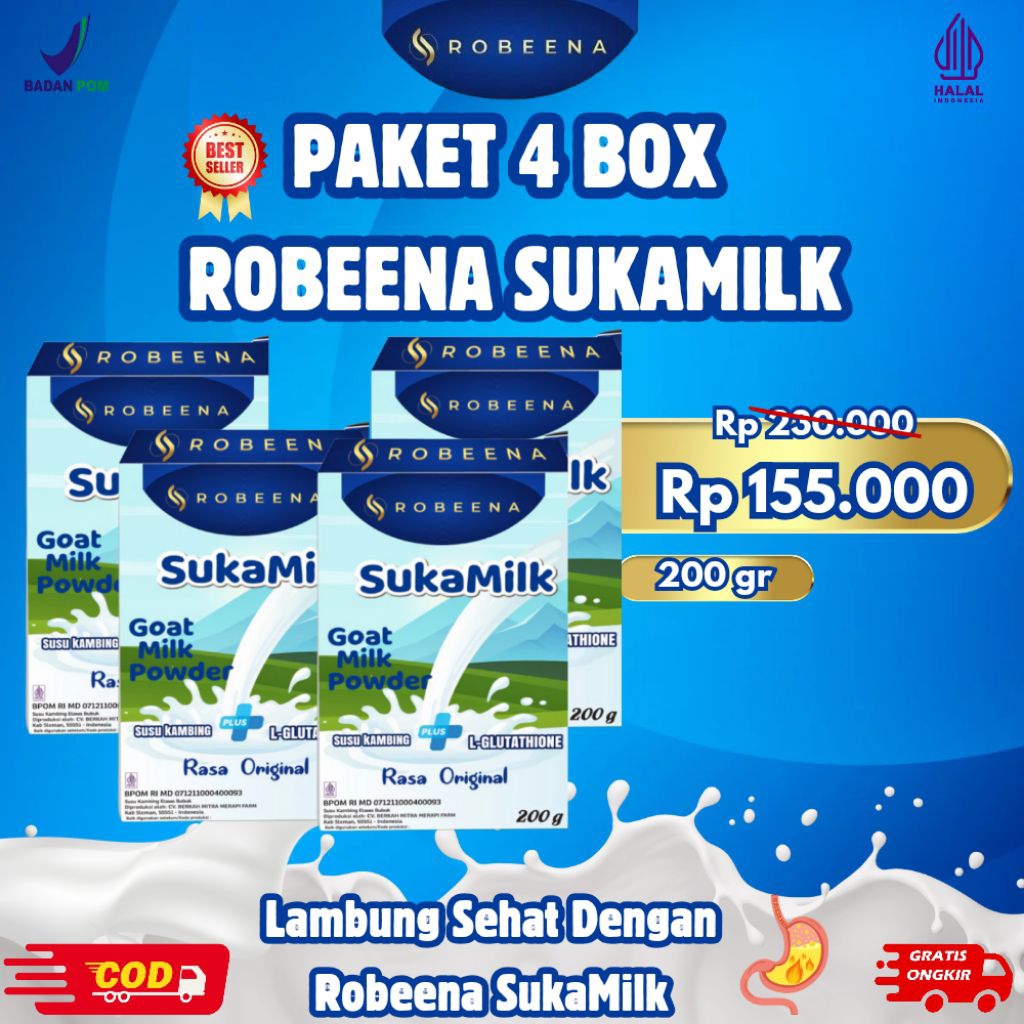 

PAKET 4 BOX - ROBEENA SUKAMILK SUSU KAMBING ETAWA UNTUK MERINGANKAN MASALAH LAMBUNG DAN PENCERNAAN