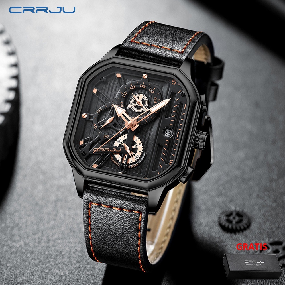 CRRJU Jam Tangan Pria Anti Air Fashion Vintage Merek Desain Kuarsa Multifungsi Chrono Persegi Kulit 