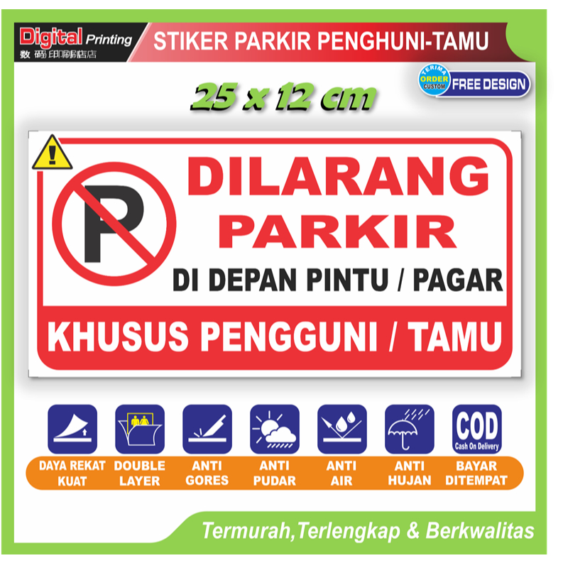 

Stiker jumbo tulisan dilarang parkir area khusus penghuni / tamu sticker bebas kendaraan mobil dll