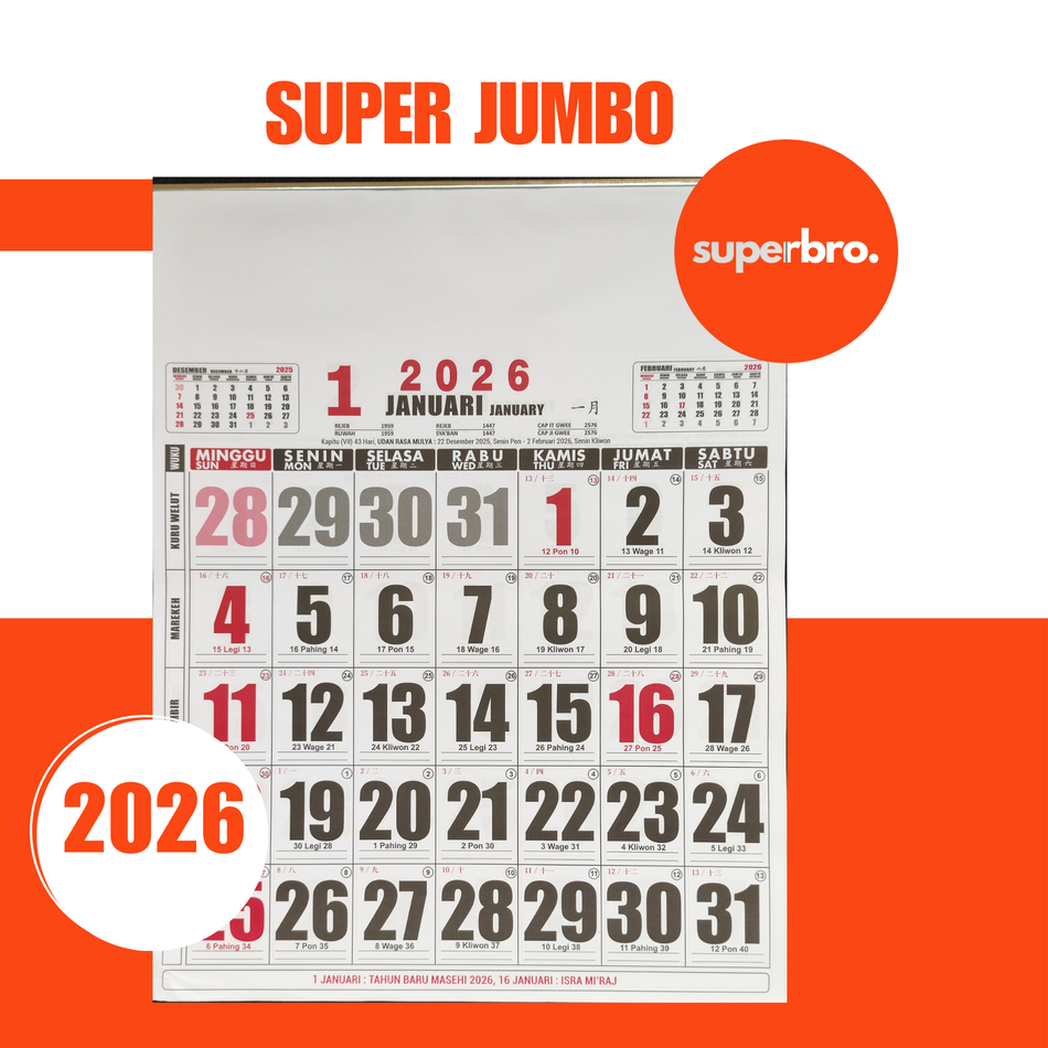 

KALENDER DINDING TAHUN 2026 UKURAN SUPER JUMBO 50 X 65 CM ISI 12 LEMBAR