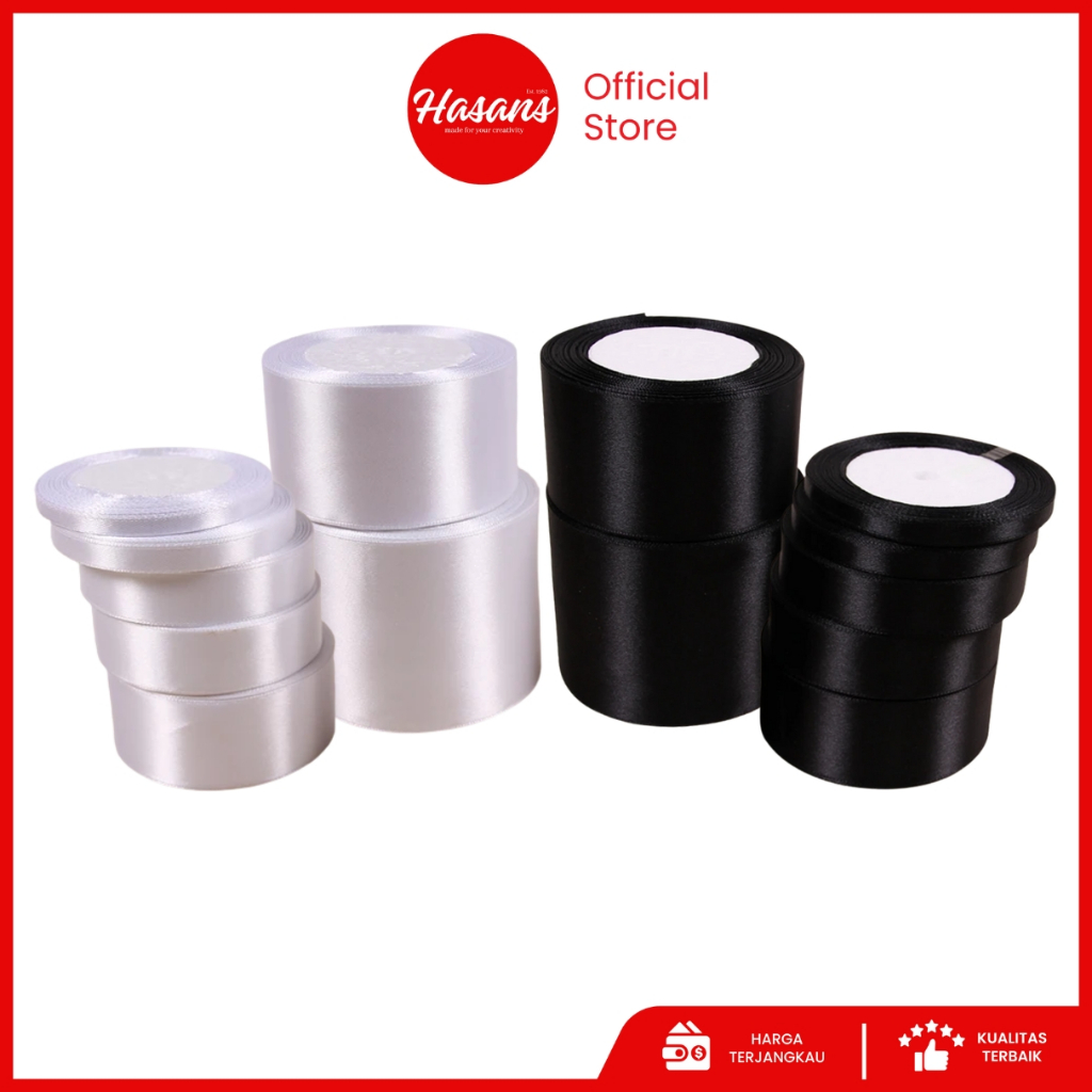 Hasans / [1 Roll] Pita Satin Polos Putih Hitam 1/2 Inch / Pita Kain Putih Hitam 1.25 Cm / Pita Kado 
