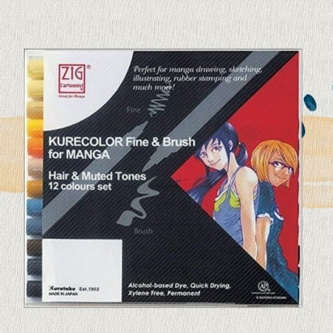 

Zig Kurecolor Fine & Brush for Manga set 12 Spidol Sketsa Made in Japan Original Hair & Muted Tones