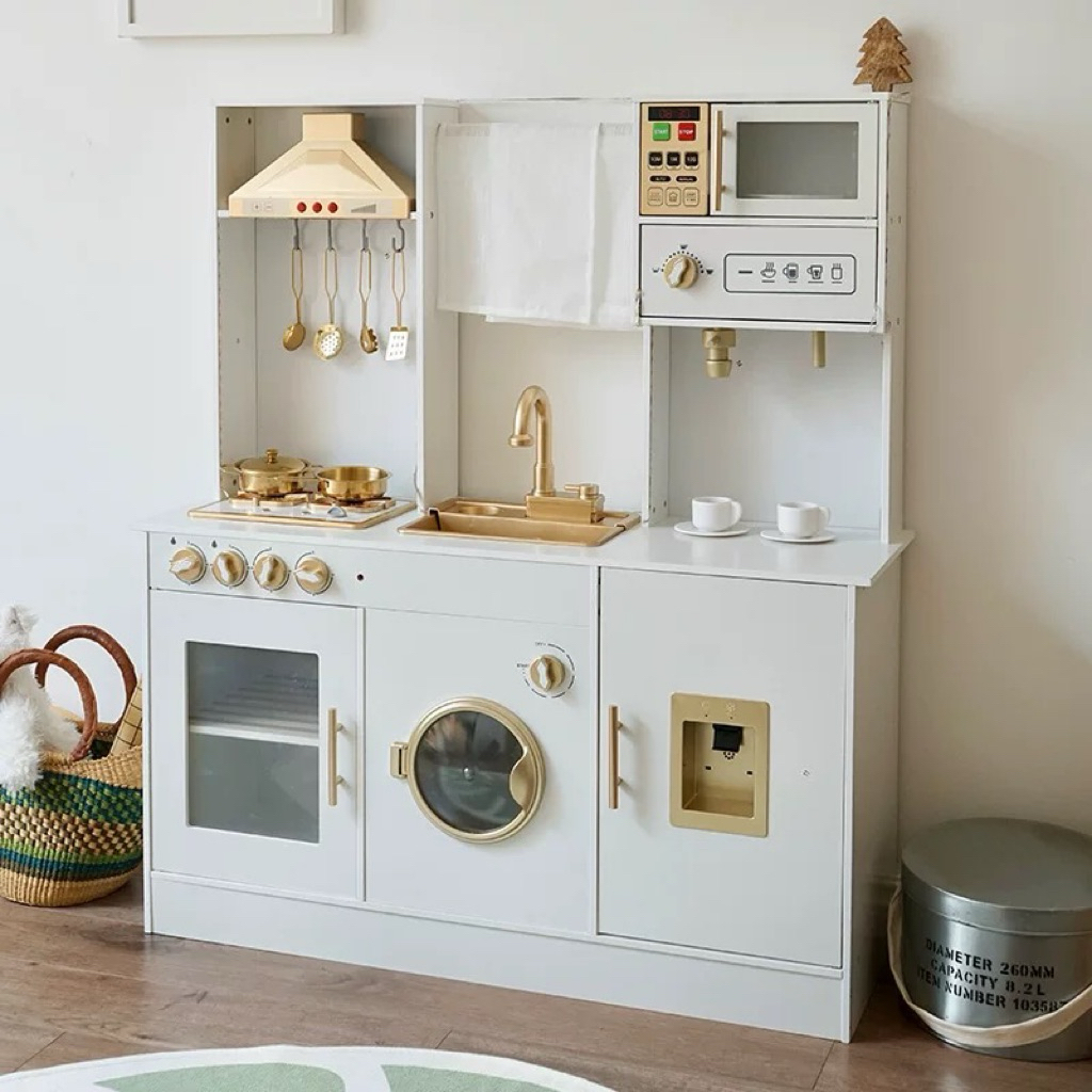 GINGERINFANT Europe kitchen set kitchen white gold mainan kitchen kayu anak mainan mesin cuci kayu