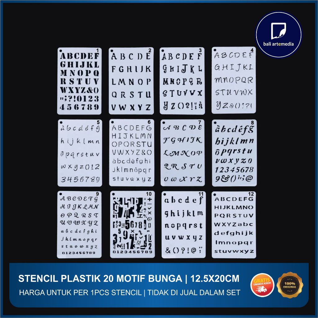 

Plastik Stensil Motif Alphabet & Numbering Dekoratif 12x20cm - Harga untuk 1pcs Stensil - Bali Artemedia