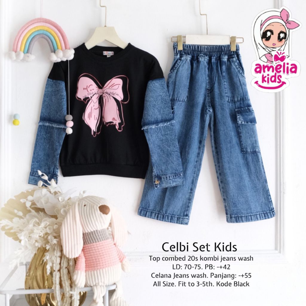 setelan jeans anak perempuan 3-5 tahun celbi set original by amelia kids
